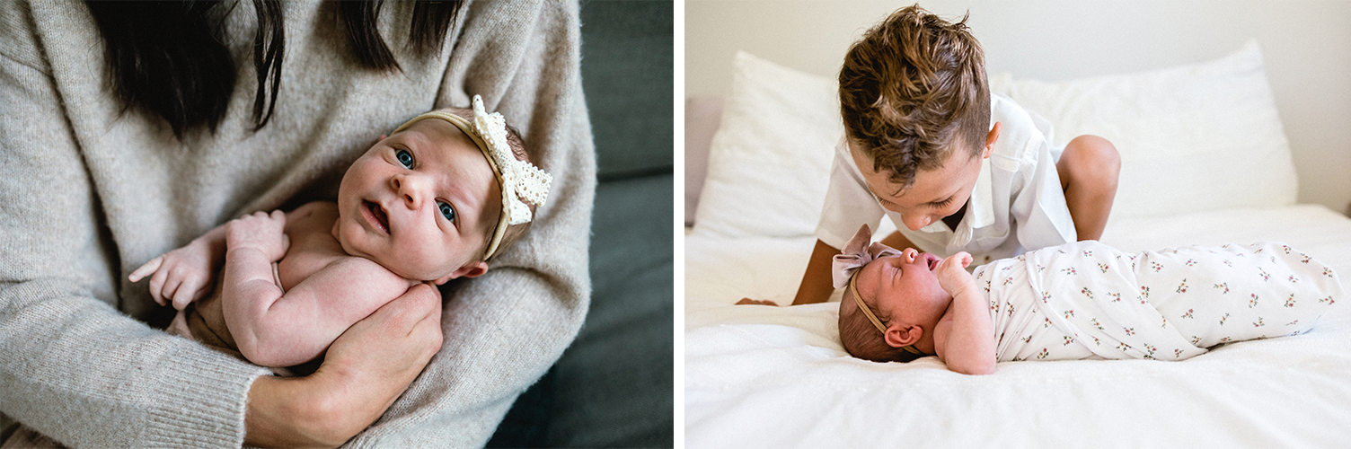 Brother admiring baby sister during lifestyle newborn session
