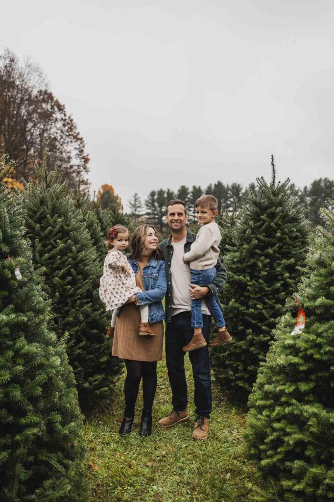 Family of four at Sugar Pines Tree Farm in Cleveland, OH