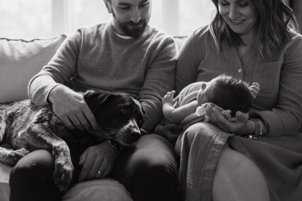 Family snuggling on couch during Chagrin Falls newborn photography session
